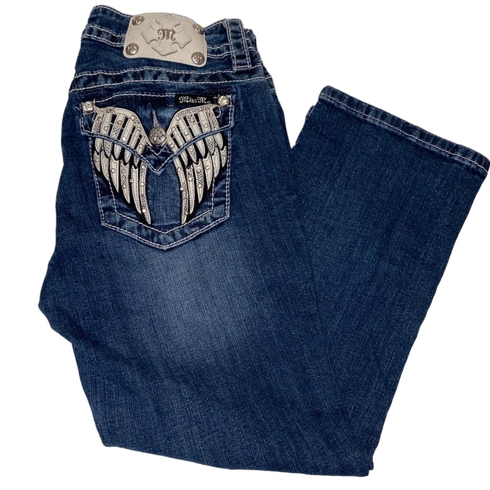 Miss Me Distressed Rhinestone Wing Pocket Capri Jeans Size 29